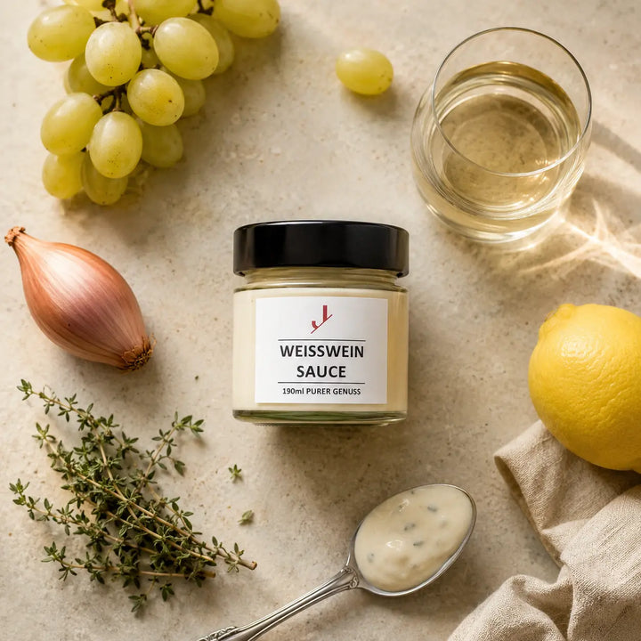 Jungermann Gourmet Weißwein-Sauce mit Trauben, Schalotte, Zitrone und Thymian