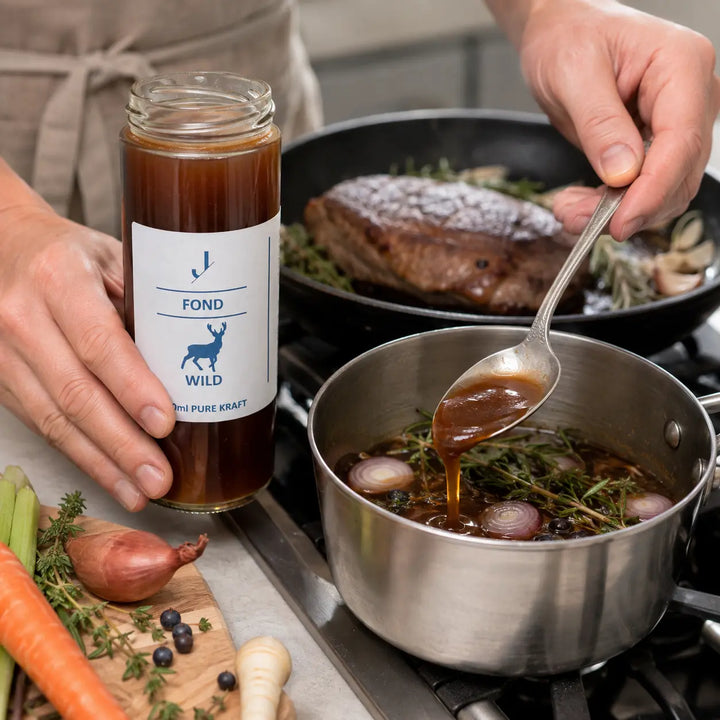 Wild-Fond von Jungermann Gourmet für eine Wildsauce mit Schalotten, Wacholder und Kräutern