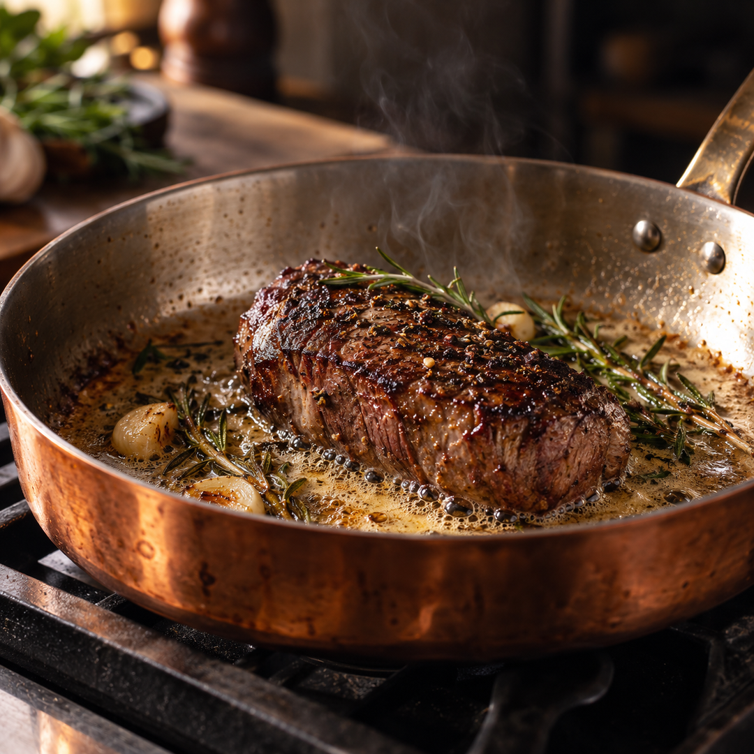Wildrücken beim Anbraten mit Butter, Rosmarin und Knoblauch