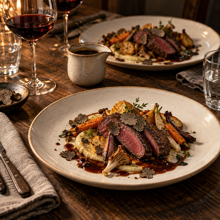 Herbstlicher Genusstisch mit Wild, Trüffel und Rotwein