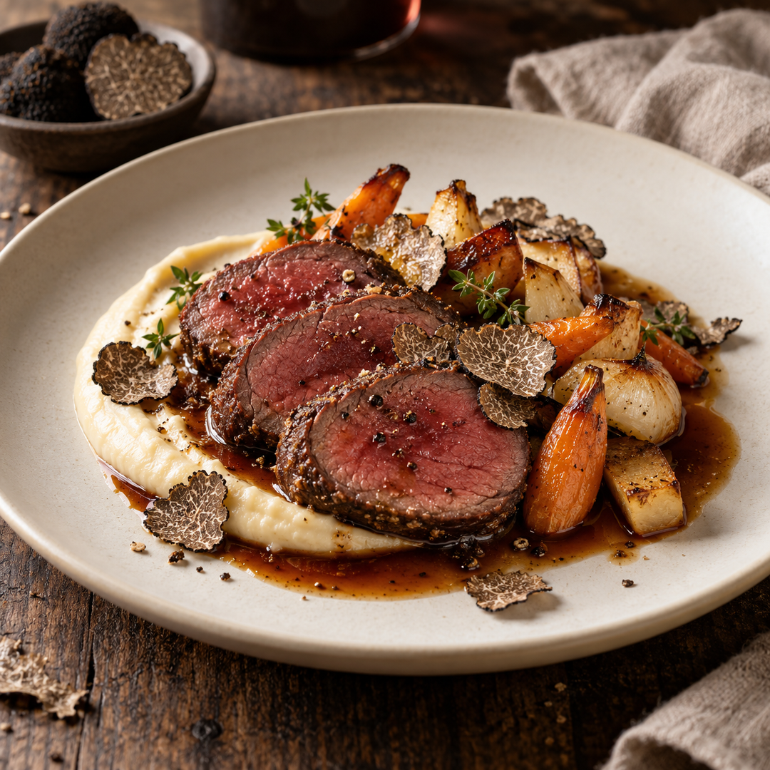 Wildgericht mit Trüffel, Selleriepüree, Wurzelgemüse und Jus