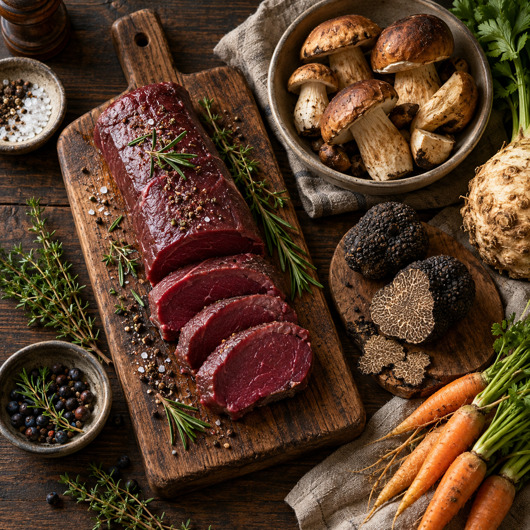 Wildfleisch, schwarze Trüffel, Pilze und herbstliches Wurzelgemüse