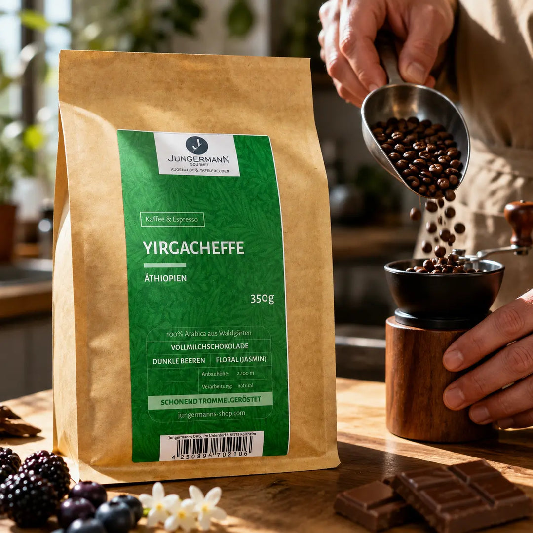 Yirgacheffe Kaffee beim Mahlen mit dunklen Beeren, Jasmin und Milchschokolade als Aromahinweise