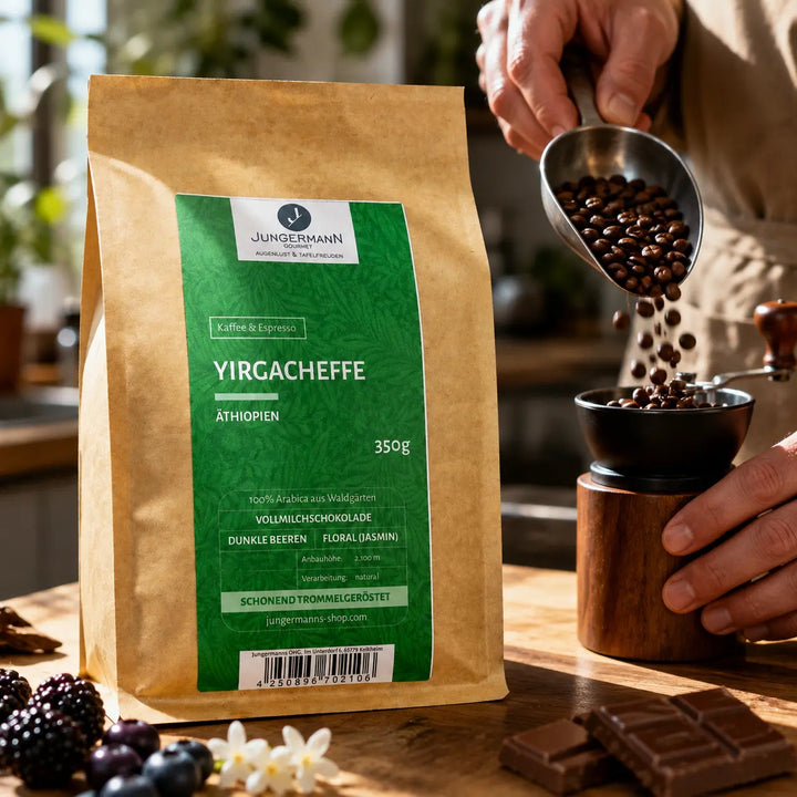 Yirgacheffe Kaffee beim Mahlen mit dunklen Beeren, Jasmin und Milchschokolade als Aromahinweise
