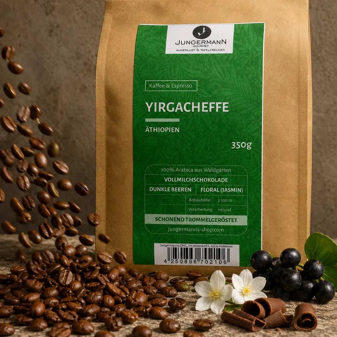 Yirgacheffe Kaffeebohnen mit dunklen Beeren, Jasmin und Milchschokolade als Aromahinweise