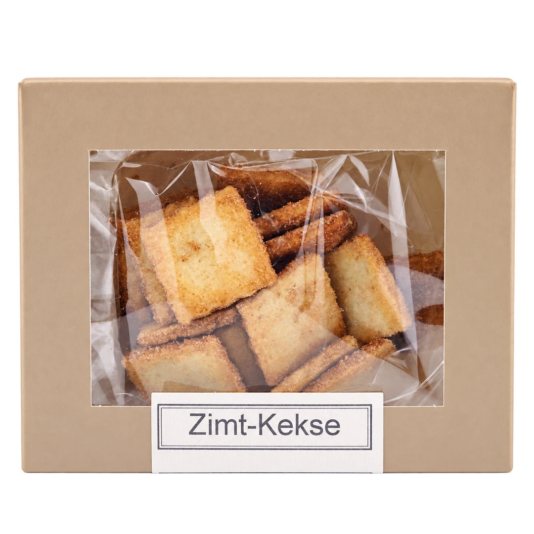 Zimt-Kekse von Jungermann Gourmet in der Gebäckschachtel mit Sichtfenster – freigestellte Frontalansicht.