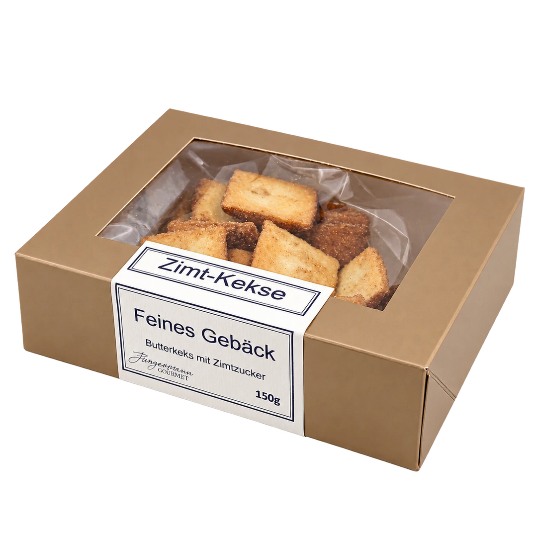Zimt-Kekse von Jungermann Gourmet in der Gebäckschachtel mit Sichtfenster – freigestellte Produktansicht.
