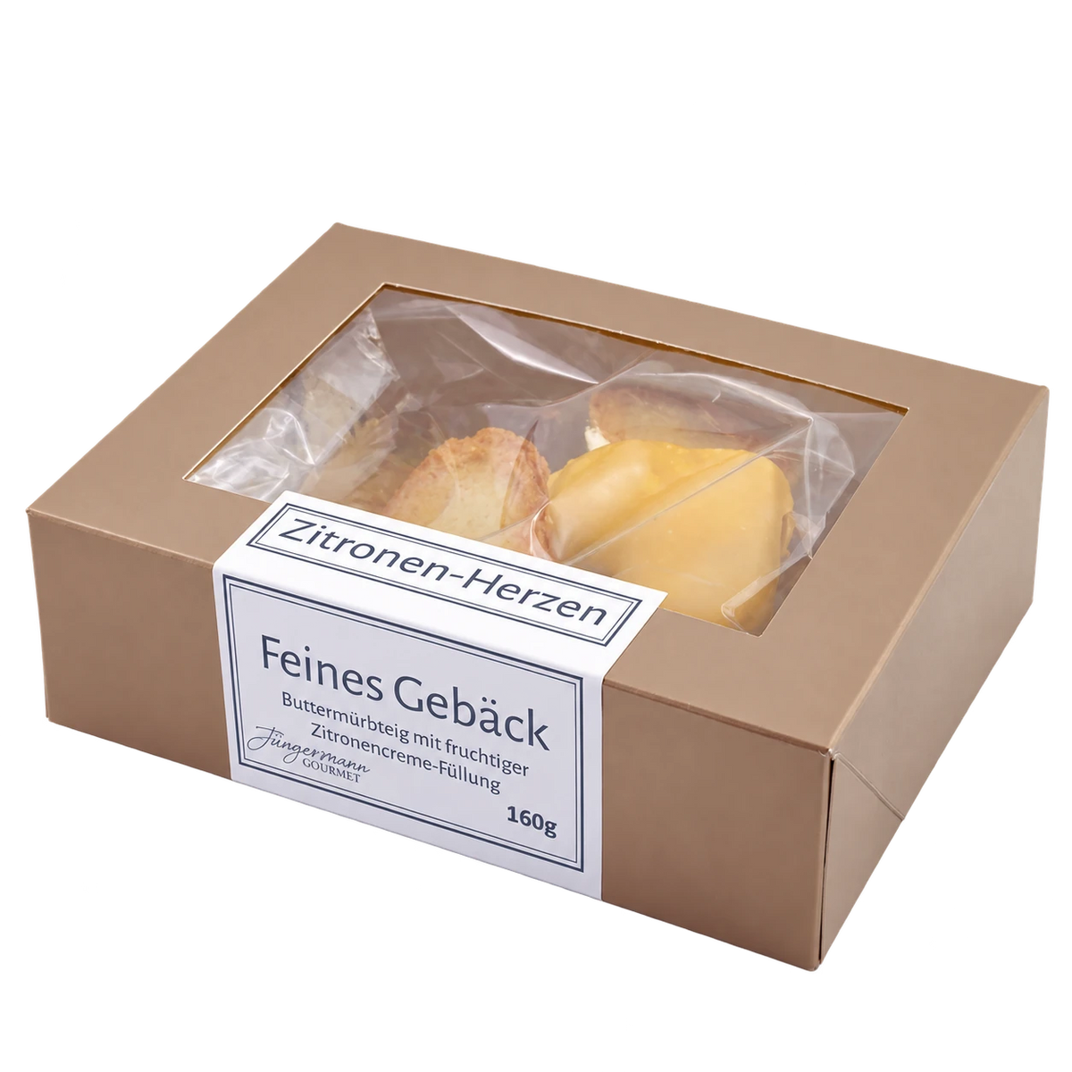 Zitronen-Herzen von Jungermann Gourmet in der Gebäckschachtel mit Sichtfenster – freigestellte schräge Produktansicht.