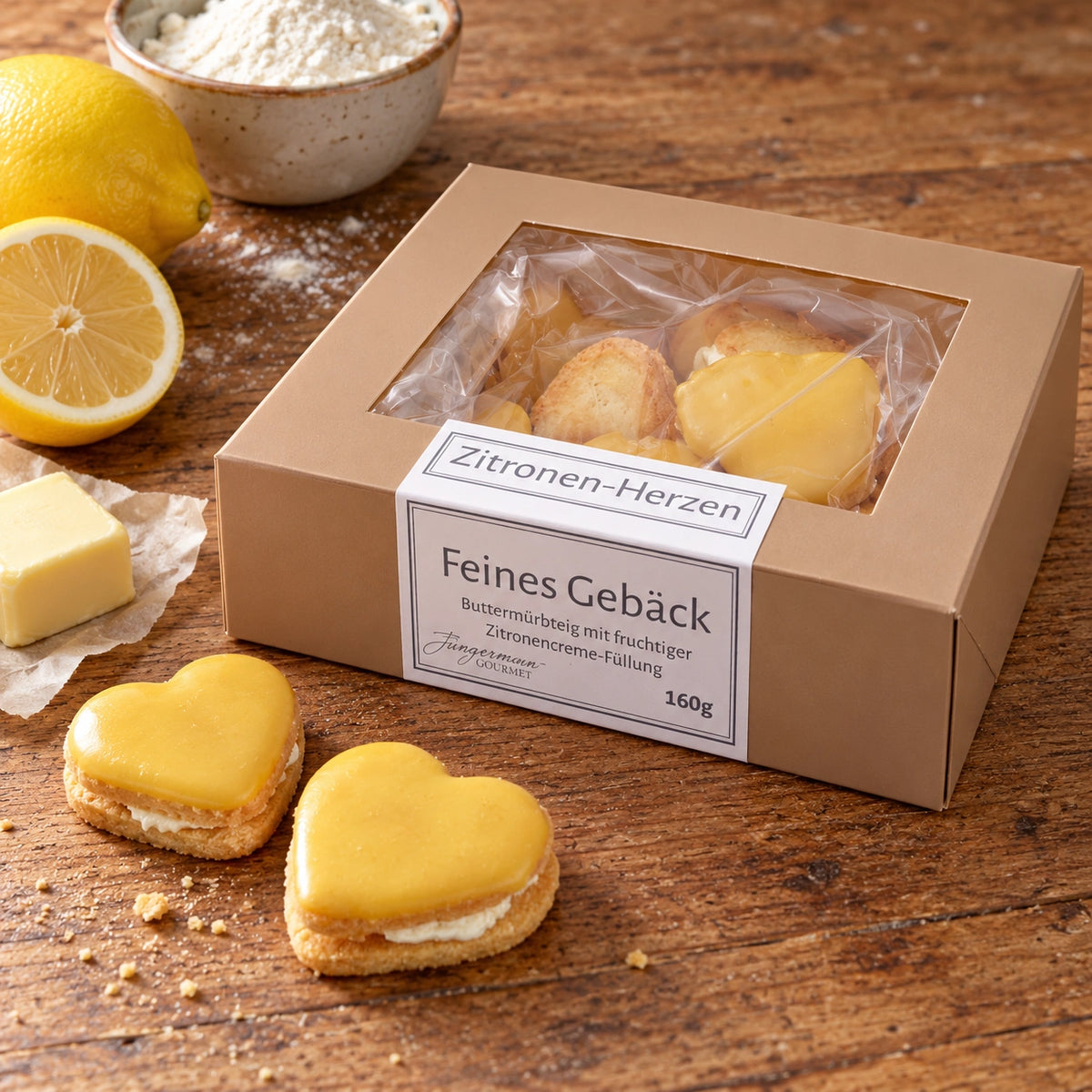 Zitronen-Herzen in der Jungermann-Gourmet-Schachtel neben Zitronen, Butter und Mehl auf einem Holztisch.