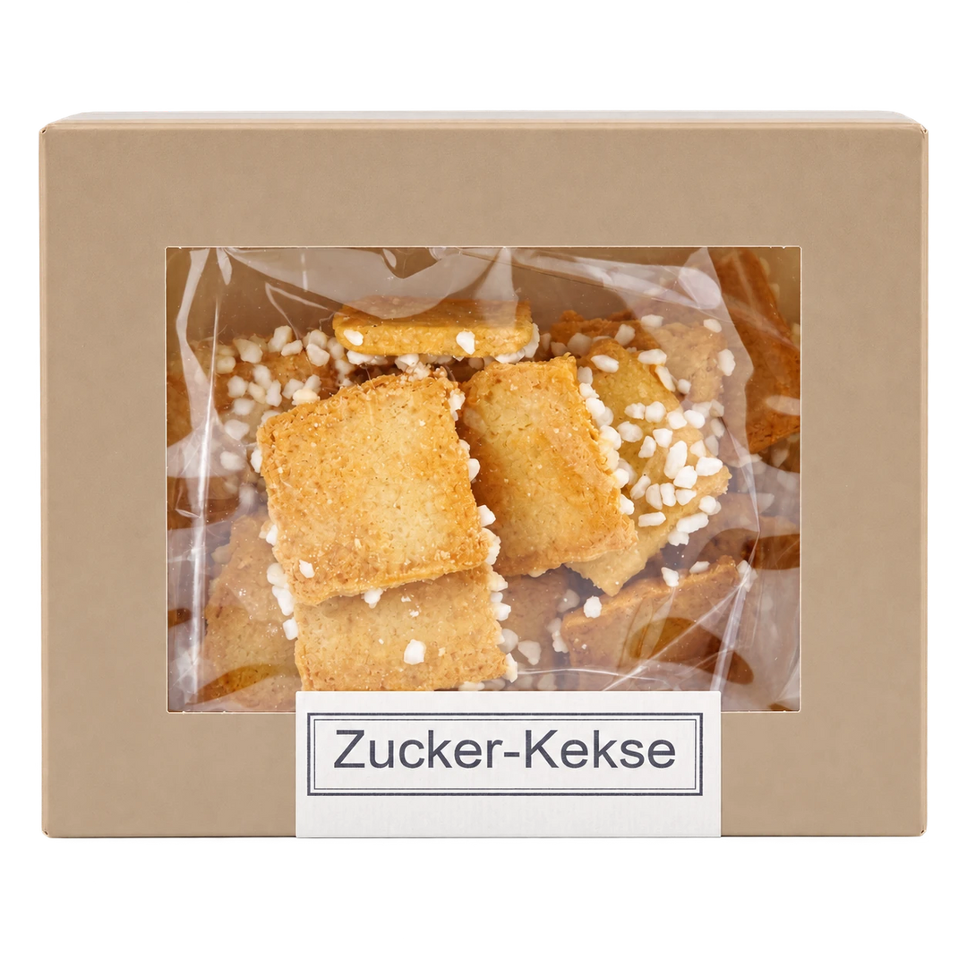 Zucker-Kekse von Jungermann Gourmet in der Gebäckschachtel mit Sichtfenster – freigestellte Frontalansicht.