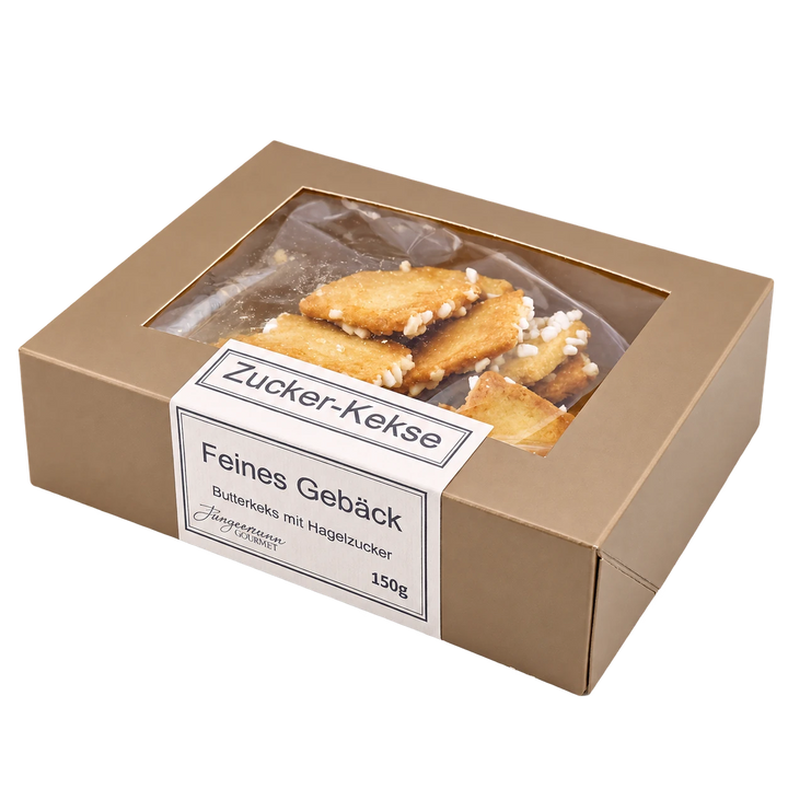 Zucker-Kekse von Jungermann Gourmet in der Gebäckschachtel mit Sichtfenster – freigestellte Produktansicht.