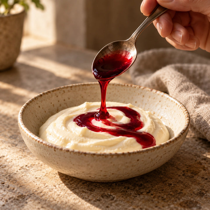Serviervorschlag: Dunkelrote Hibiskussauce wird über eine helle Dessertcreme in einer Keramikschale gegeben.