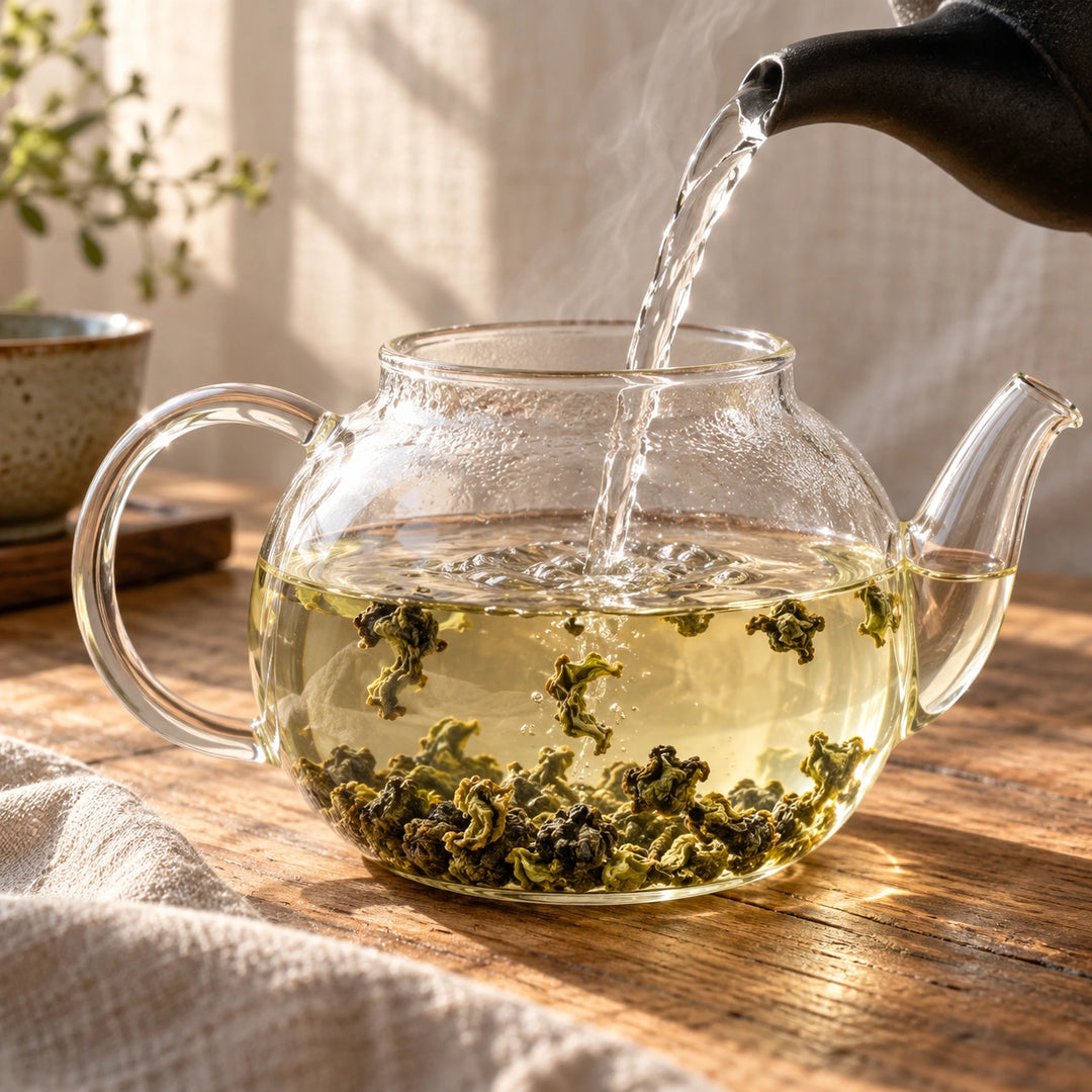 Heißes Wasser wird auf Jade-Oolong-Teeblätter in einer offenen Glaskanne gegossen.