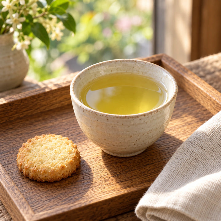 Serviervorschlag: Heller Jade-Oolong-Tee in einer kleinen Keramiktasse, daneben ein schlichtes Buttergebäck.