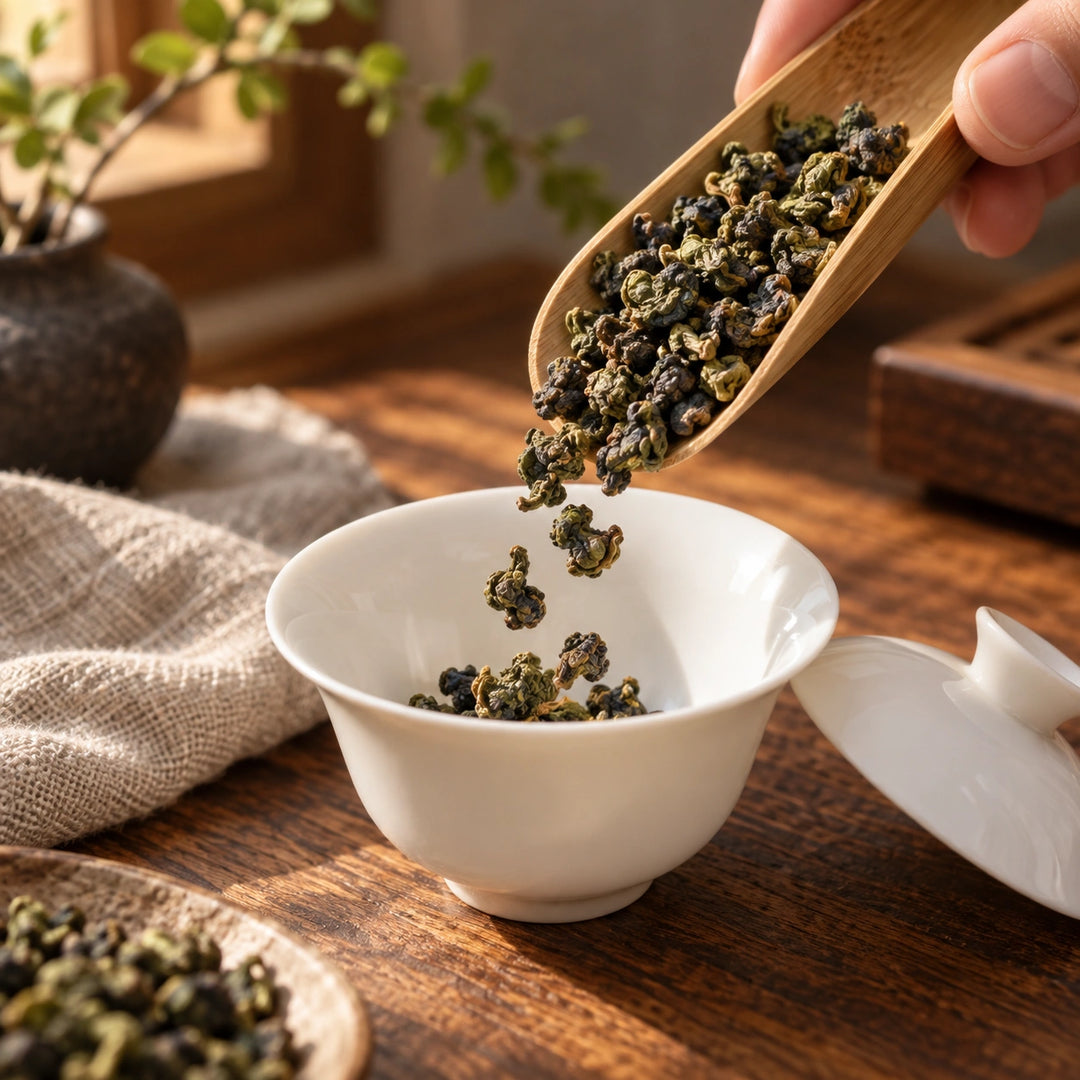 Eine Hand dosiert gerollte Jade-Oolong-Teeblätter mit einem Bambuslöffel in eine weiße Teeschale.