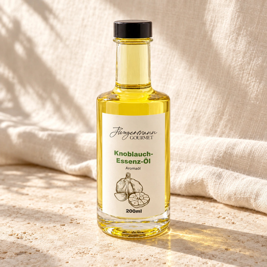 Knoblauch-Essenzöl von Jungermann Gourmet in der originalen 200-ml-Flasche auf hellem Naturstein.