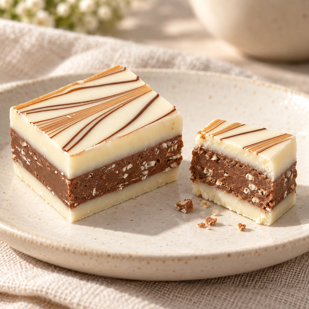 Nahaufnahme einer weißen Knusper-Praline mit brauner knuspriger Füllung und feinen Schokoladenlinien.