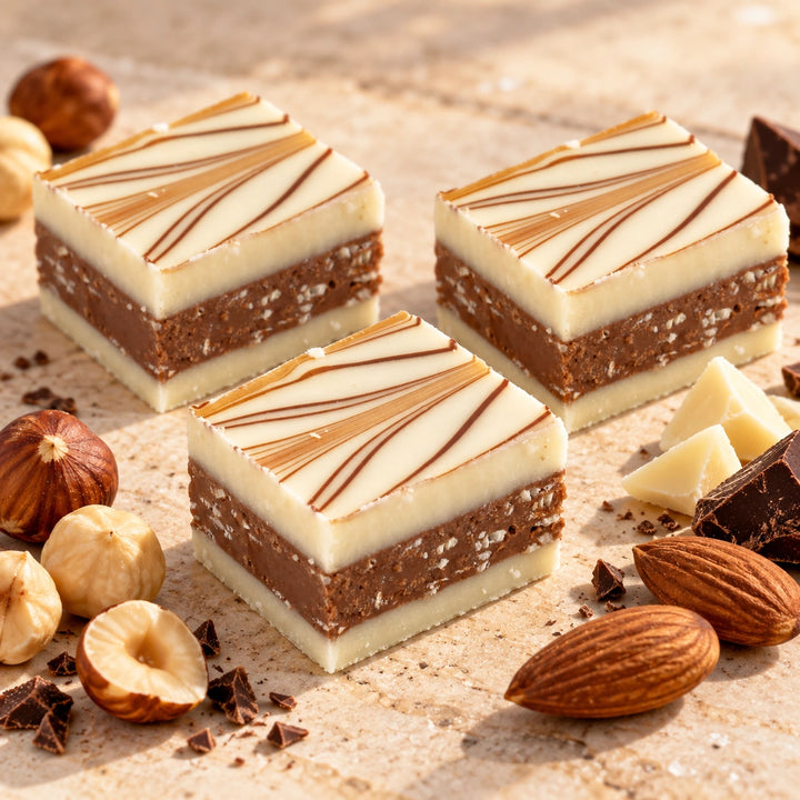 Weiße Knusper-Pralinen mit feinen Schokoladenlinien liegen neben Haselnüssen, Mandeln und Schokoladenstücken.