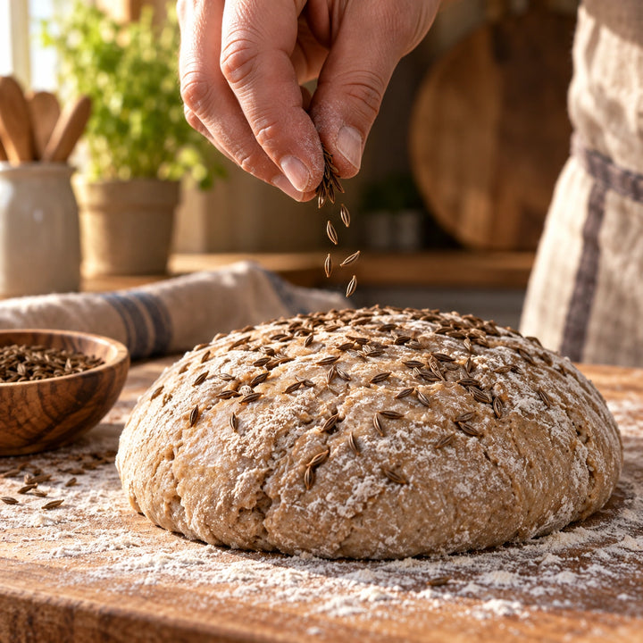 Eine Hand streut ganze Kümmelsamen auf einen rohen Brotlaib auf einem bemehlten Holzbrett – Zubereitungsvorschlag.
