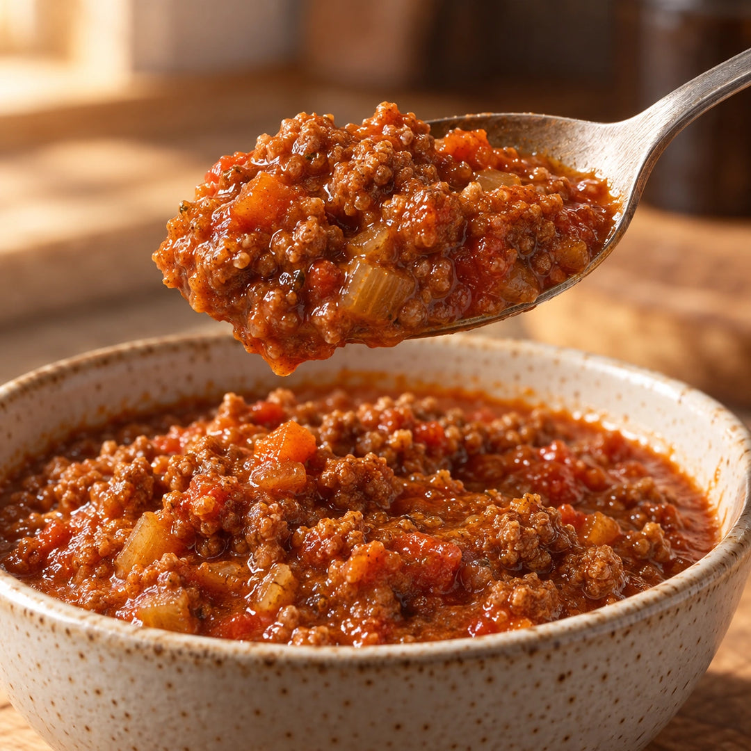 Ein Löffel mit Lamm-Bolognese über einer kleinen Keramikschale zeigt die stückige Tomaten-Fleisch-Sauce.