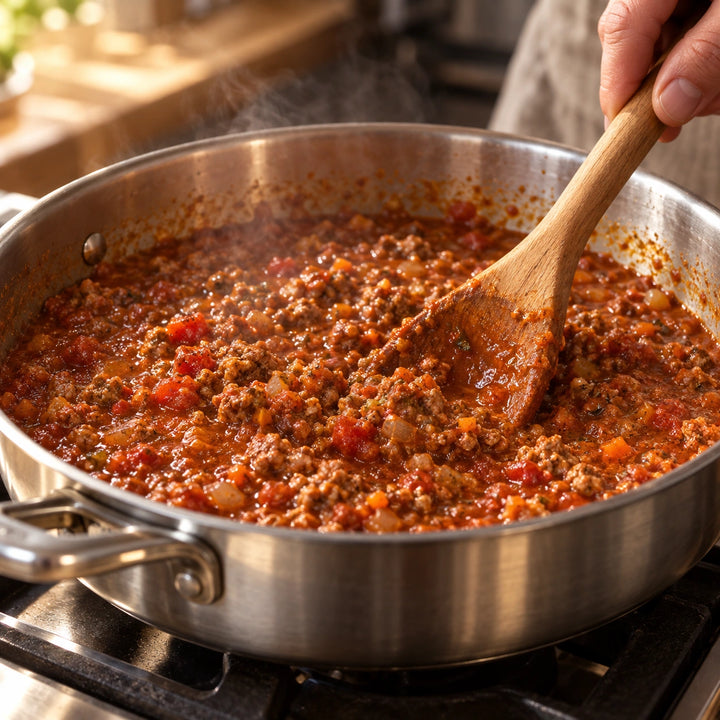 Lamm-Bolognese wird mit einem Holzlöffel in einer Edelstahlkasserolle behutsam erwärmt.