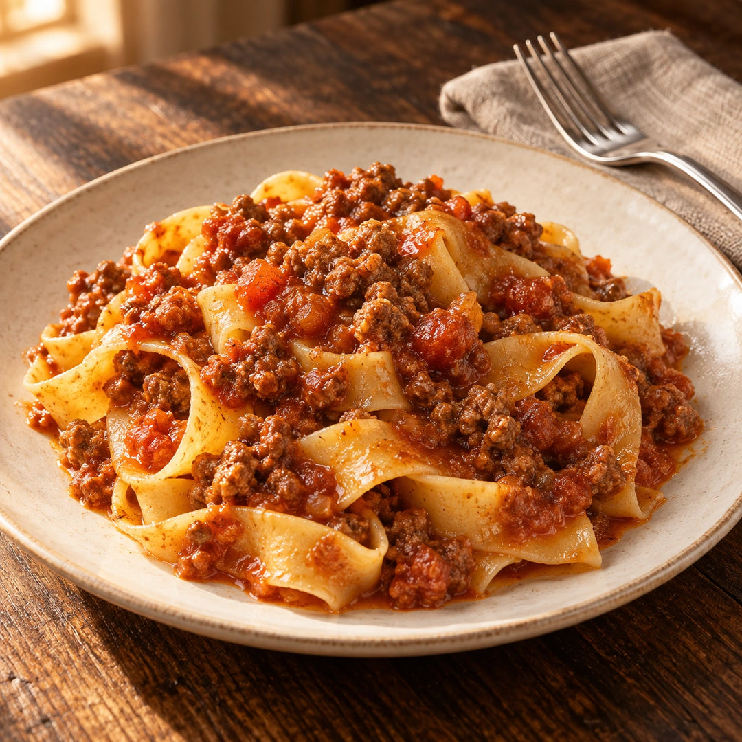 Breite Bandnudeln mit Lamm-Bolognese auf einem warmen Keramikteller – Serviervorschlag.