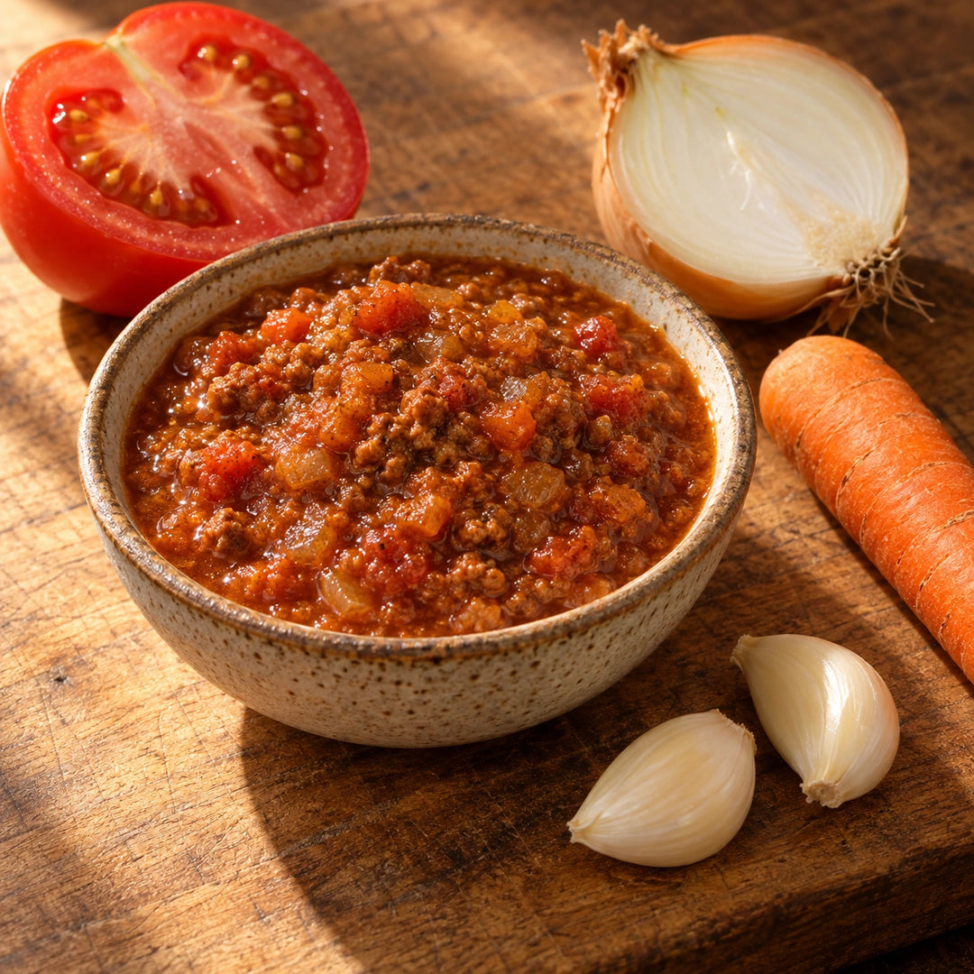 Tomaten, Zwiebel, Karotte und Knoblauch liegen neben einer Schale Lamm-Bolognese auf einem Küchenbrett.