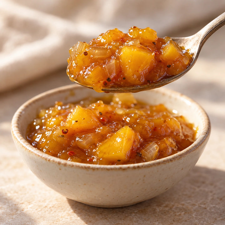 Goldenes Mango-Chutney mit weichen Fruchtstückchen auf einem Löffel über einer Keramikschale.