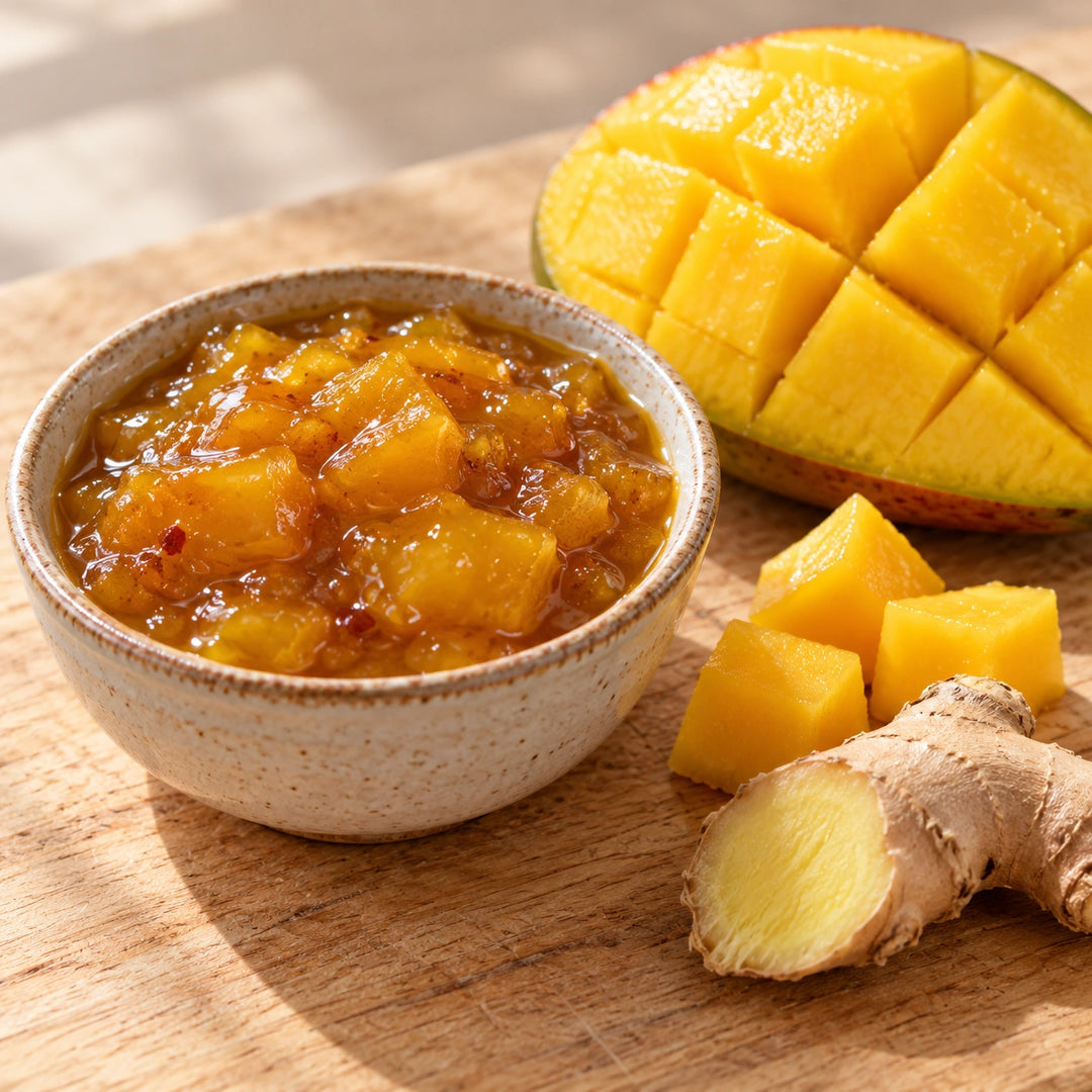 Eine Schale Mango-Chutney steht neben reifer Mango und angeschnittenem Ingwer auf einem Holzbrett.