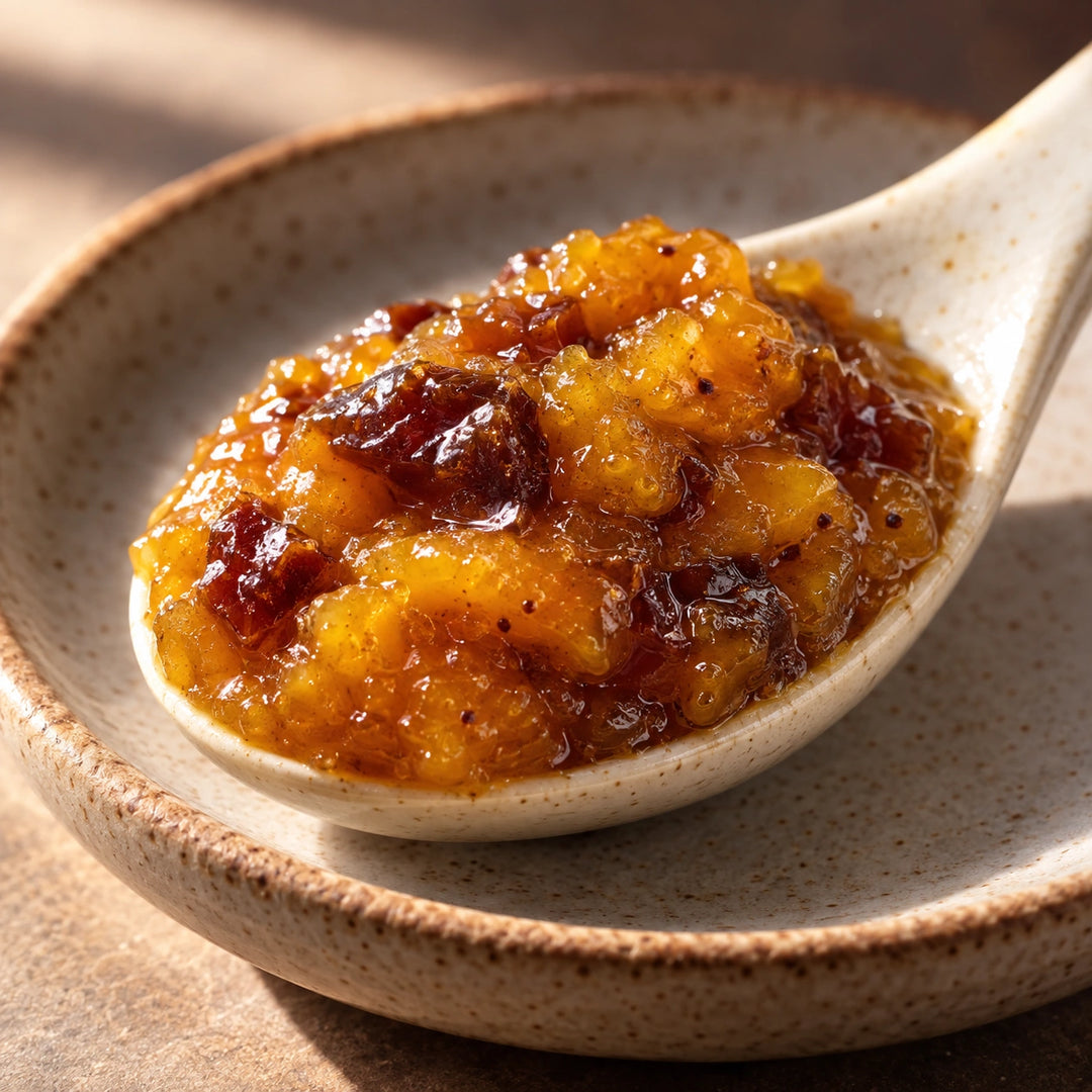 Dickes Mango-Dattel-Chutney mit dunklen Dattelstückchen auf einem Keramiklöffel.