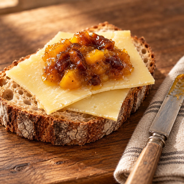 Mango-Dattel-Chutney auf einer Scheibe Bauernbrot mit gereiftem Käse – Serviervorschlag.