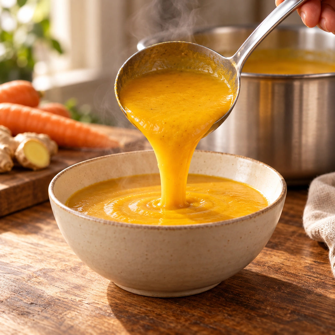 Cremige Möhren-Ingwer-Suppe wird aus einer Kelle in eine Keramikschale gefüllt.