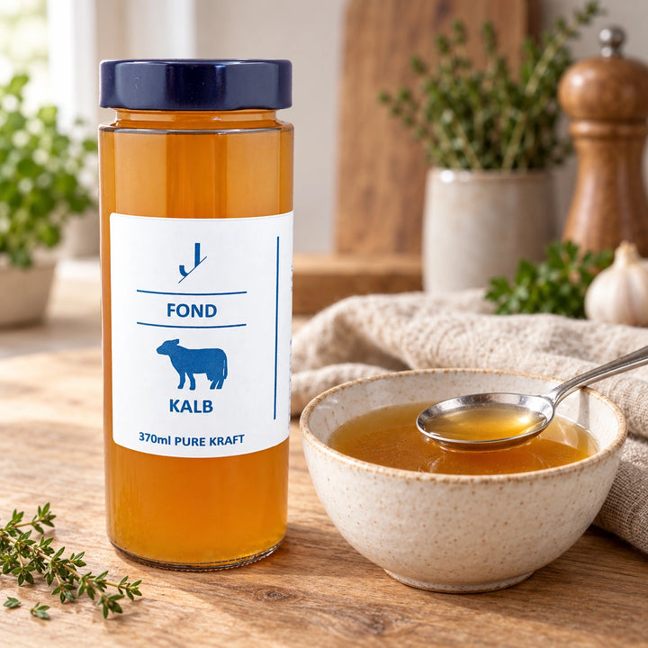 Kalb-Fond Knochenbrühe im 370-ml-Glas neben einer Keramikschale mit goldener Brühe und einem Löffel.