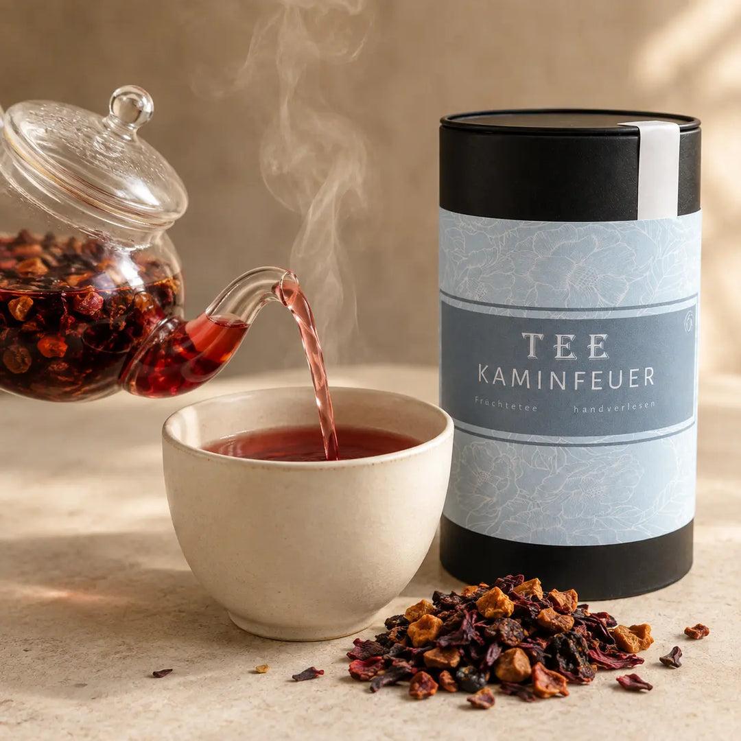 Rubinroter Kaminfeuer Früchte Tee wird in eine Keramiktasse gegossen
