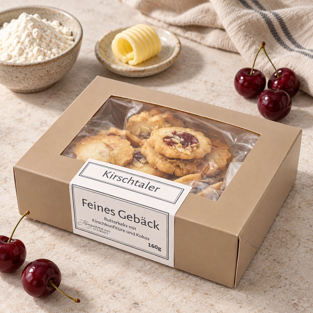 Kirschtaler in der originalen 160-g-Fensterbox neben Mehl, Butter und Kirschen auf hellem Stein.