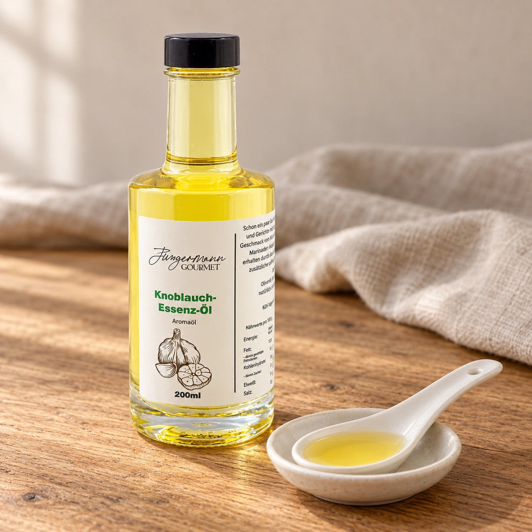 Knoblauch-Essenzöl in der 200-ml-Originalflasche neben einem weißen Keramiklöffel mit goldenem Öl auf einem Holztisch.