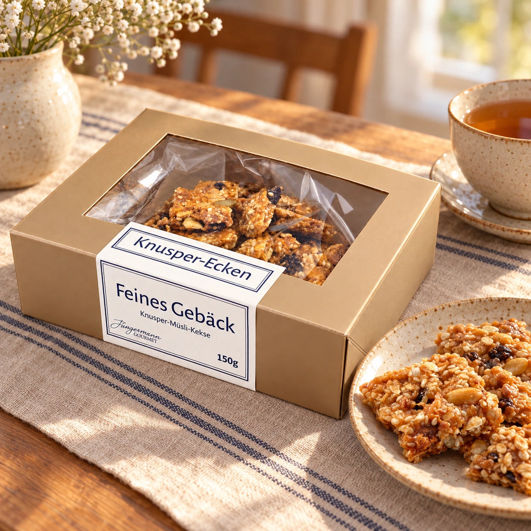 Knusper-Ecken von Jungermann Gourmet mit Gebäck auf einem Steingutteller und einem Heißgetränk auf einer Kaffeetafel.