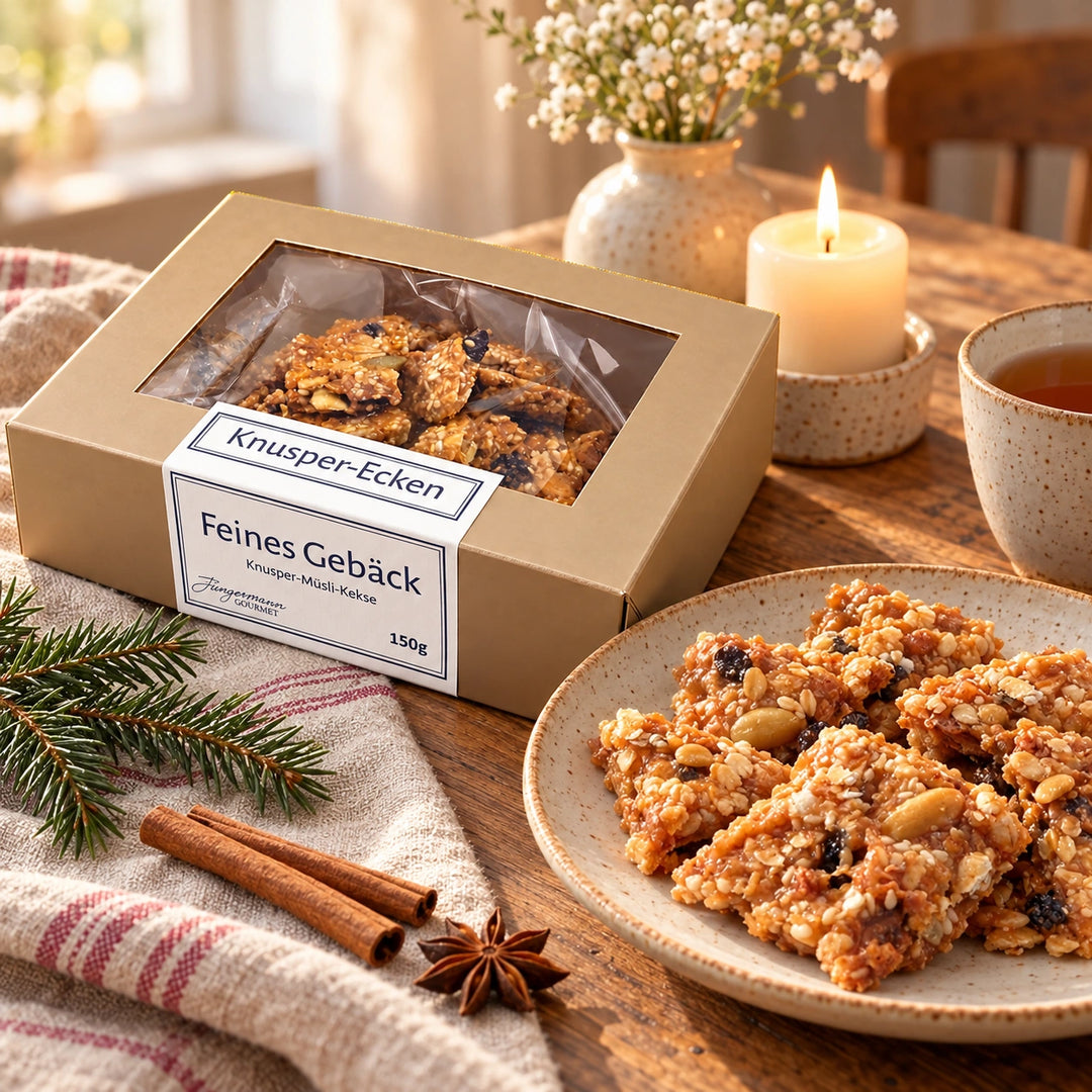 Knusper-Ecken von Jungermann Gourmet auf einer Adventstafel mit Gebäck, Heißgetränk, Kerze und Tannenzweig.