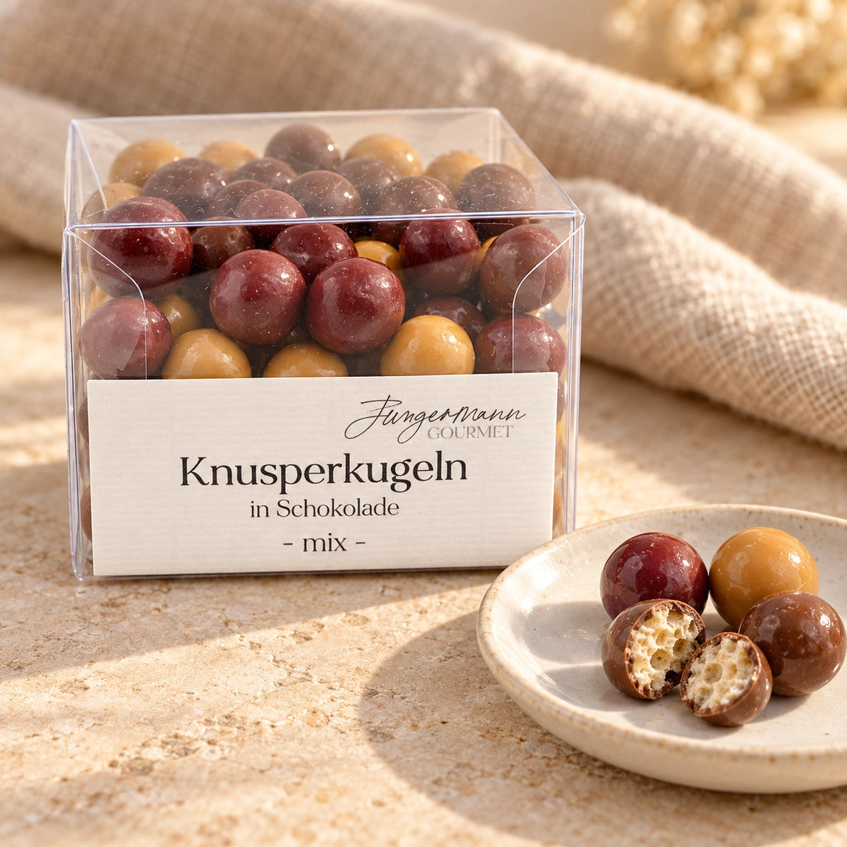 Knusperkugeln in Schokolade mix in der Originalbox neben ganzen und aufgebrochenen Kugeln mit hellem Knusperkern auf einer Keramikschale.