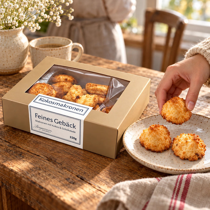 Eine Hand serviert Kokosmakronen neben der Originalschachtel von Jungermann Gourmet auf einem Holztisch.