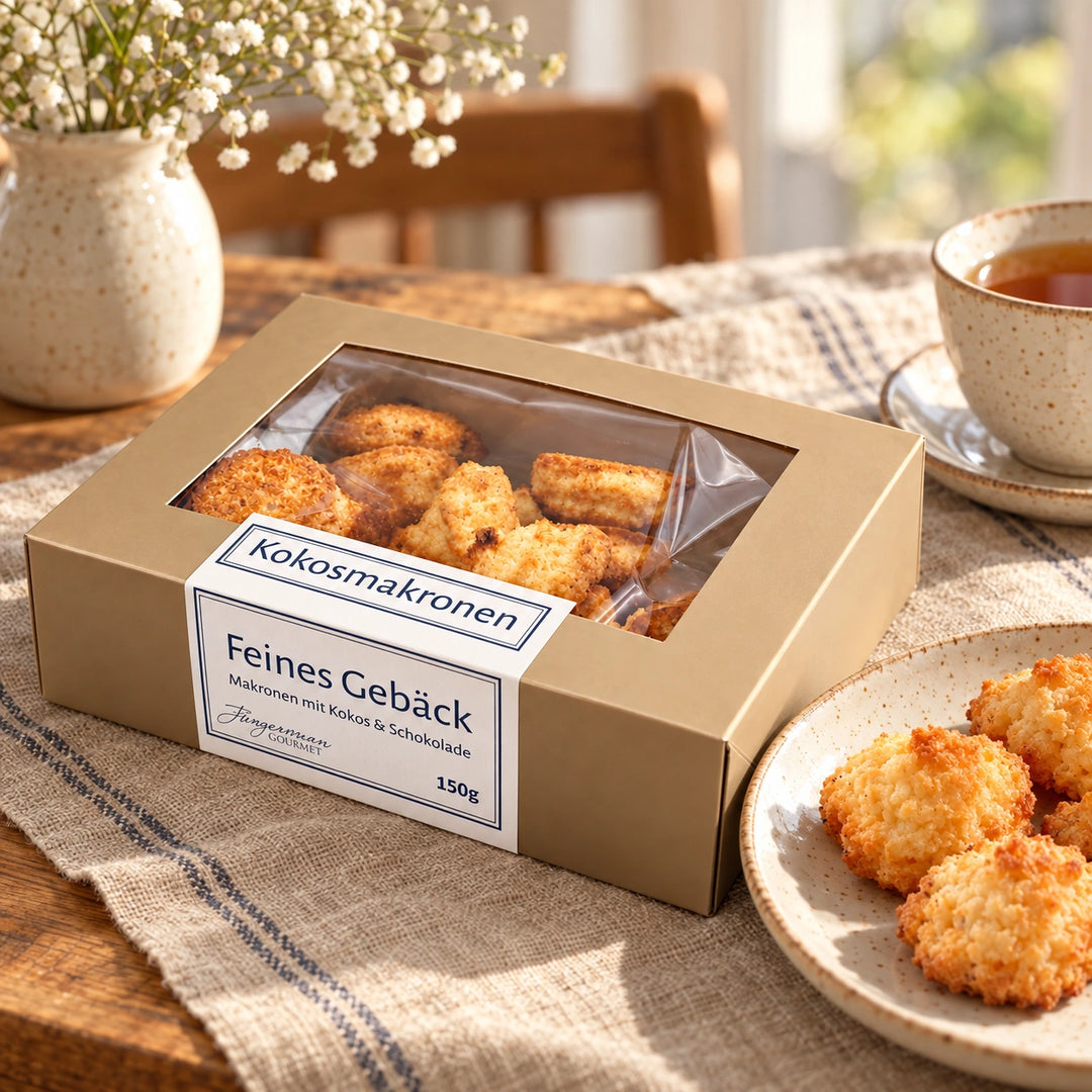 Kokosmakronen von Jungermann Gourmet mit Gebäck auf einem Steingutteller und einem Heißgetränk auf einer Kaffeetafel.
