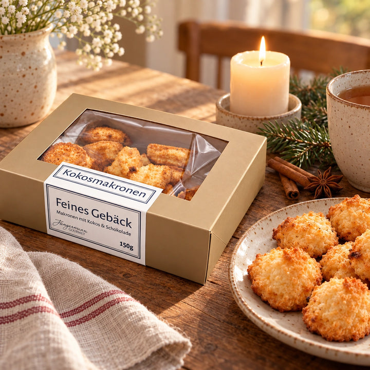Kokosmakronen von Jungermann Gourmet auf einer Adventstafel mit Gebäck, Heißgetränk, Kerze und Tannenzweig.