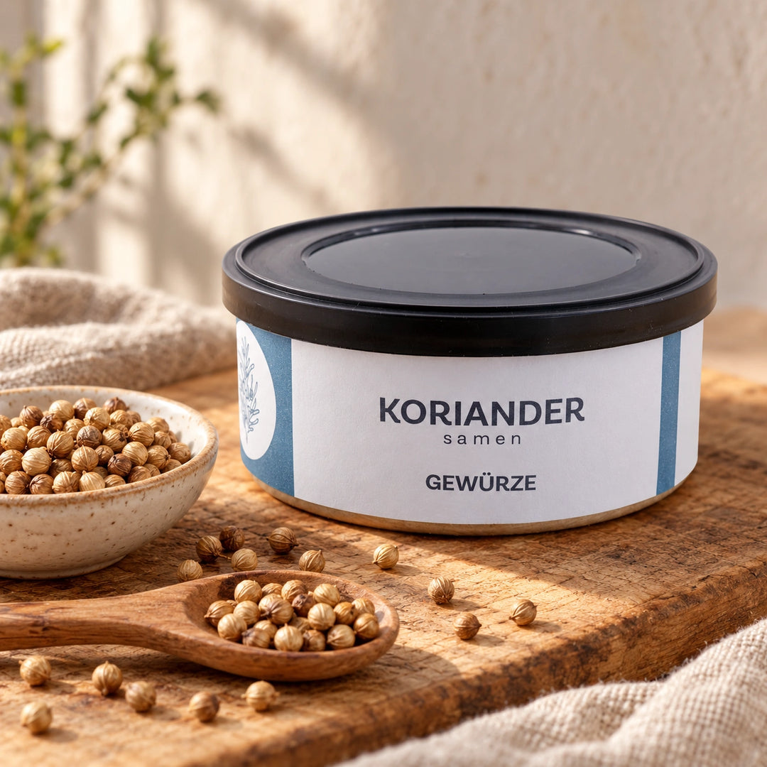 Koriandersaat in der niedrigen Originaldose neben einem Holzlöffel und einer Schale mit hellen, gerippten Koriandersamen.