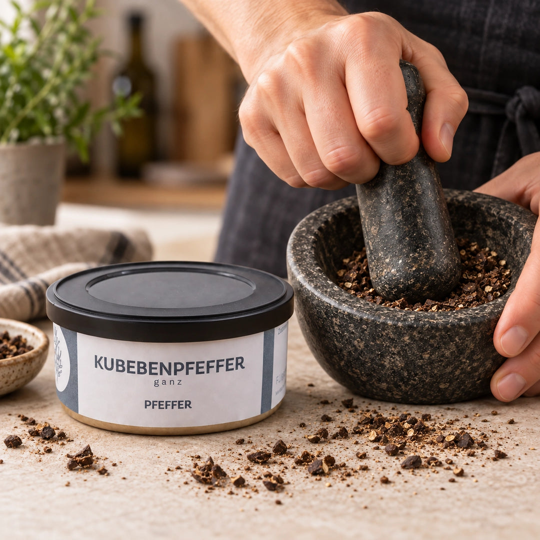 Kubebenpfeffer in der Originaldose neben einem Steinmörser, in dem eine Hand den Pfeffer mit einem Stößel zerreibt.