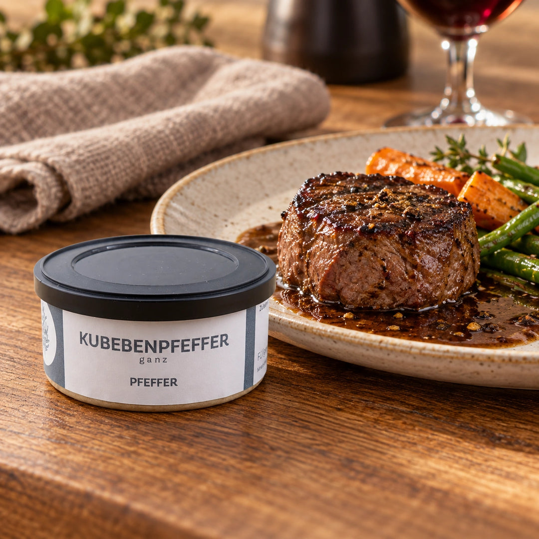 Kubebenpfeffer in der Originaldose neben Rinderfilet mit Pfeffersauce, gerösteten Karotten und grünen Bohnen.