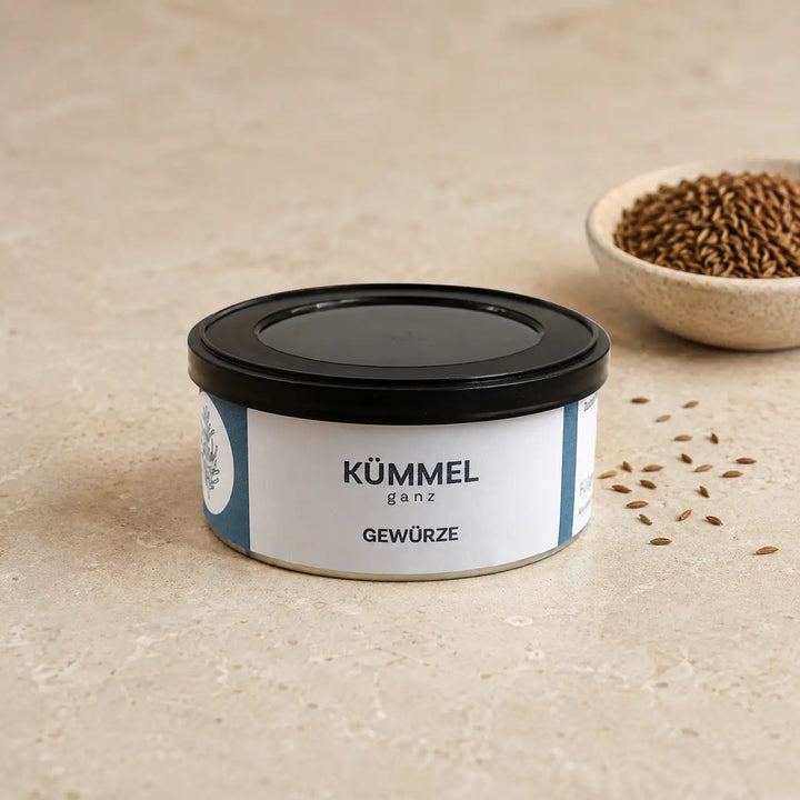 Kümmel ganz von Jungermann Gourmet in der originalen flachen Gewürzdose