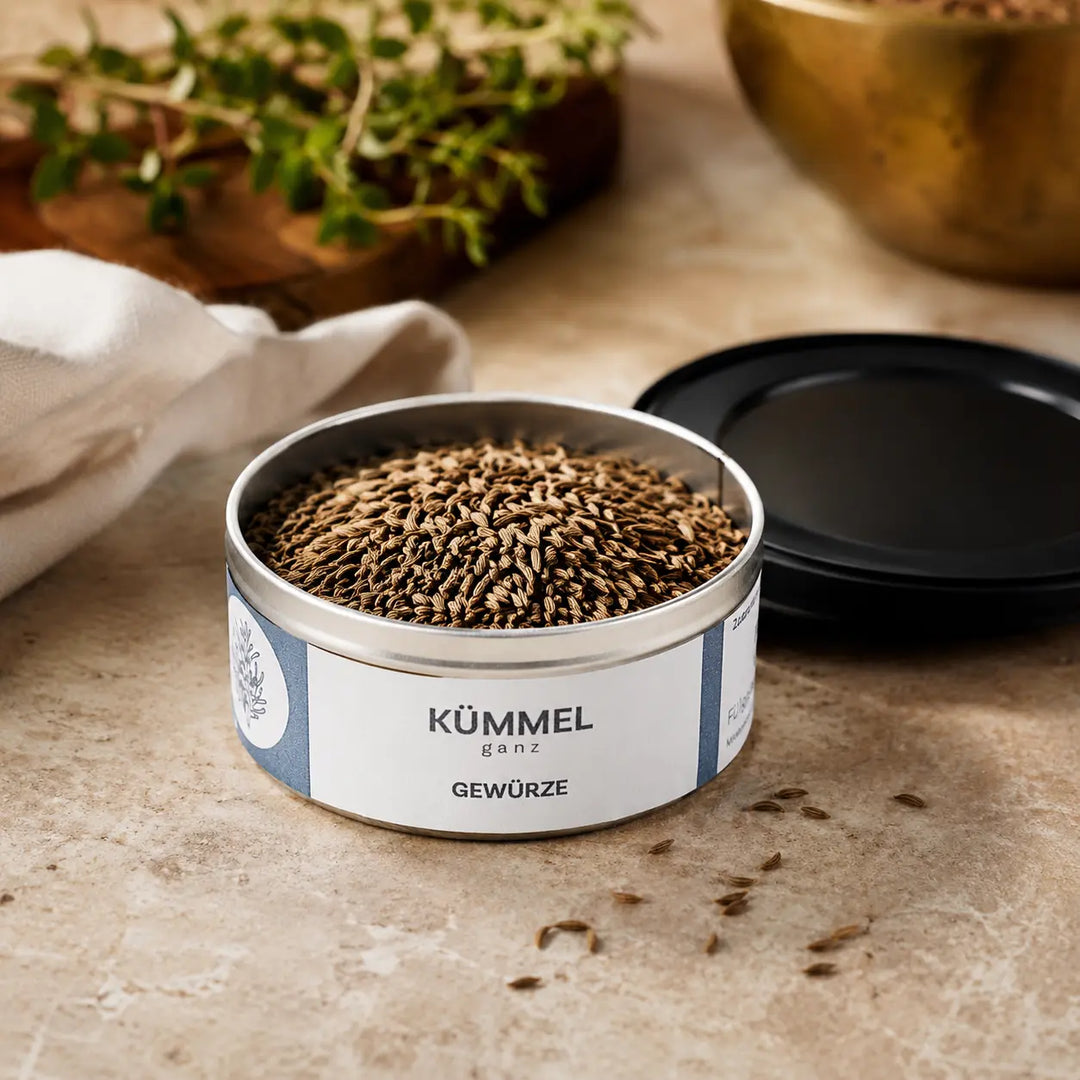 Geöffnete Dose Kümmel ganz mit aromatischen ganzen Kümmelsamen