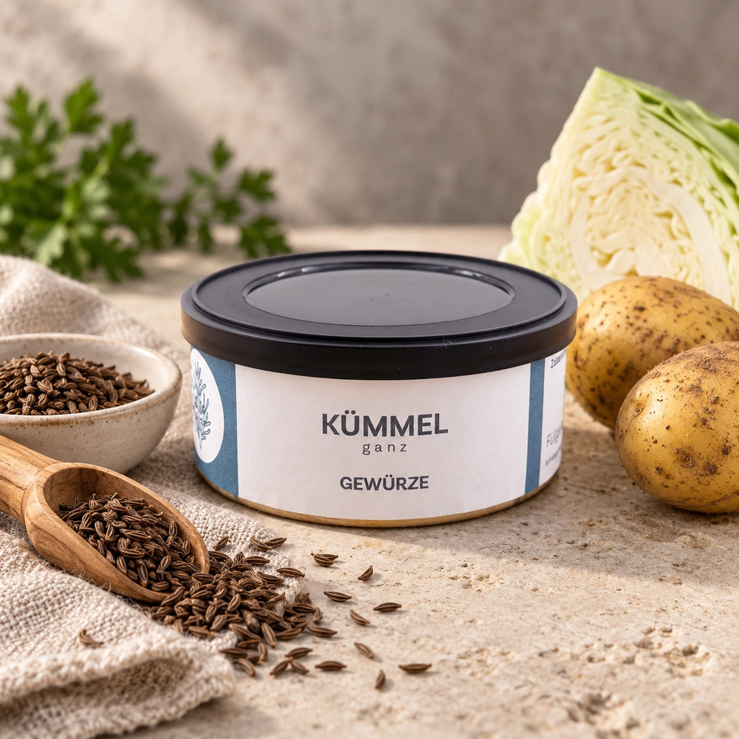 Kümmel ganz in der Originaldose neben ganzen Kümmelsamen, rohen Kartoffeln und einem Stück Weißkohl.
