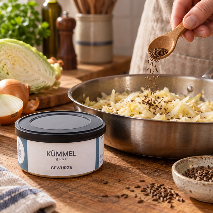 Eine Hand gibt Kümmelsamen mit einem Holzlöffel zu Weißkohl und Zwiebeln in einer Pfanne; die Originaldose steht daneben.