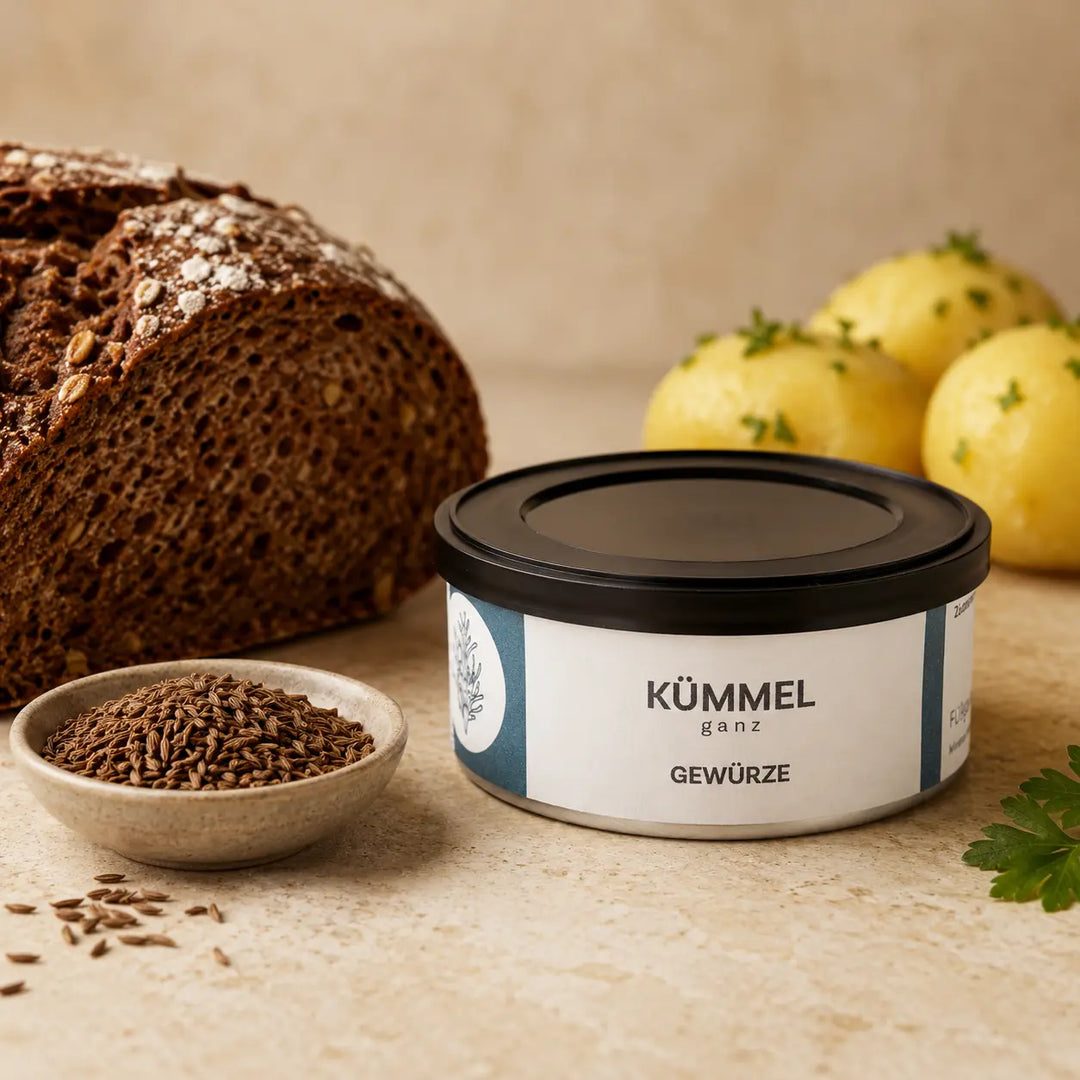 Kümmel ganz mit Kümmelsamen Brot und Kartoffeln als Servieridee